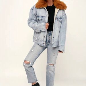 Oversize Faux Shearling Lined Denim Trucker Jacket w/ Removable Faux Fur Collar